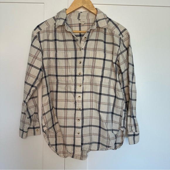 Anthropologie PILCRO Button Up Top Medium Plaid Long Sleeve Beige Blue metallic - Picture 1 of 6